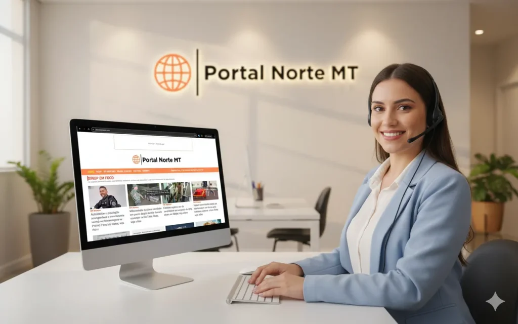 Atendente do Portal Norte MT sorrindo em frente ao computador com o site aberto, ilustrando a página Fale Conosco e contato oficial por e-mail do portal de notícias de Mato Grosso.